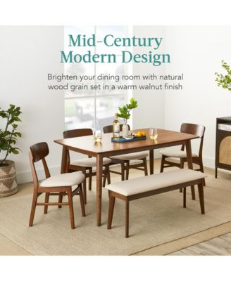 6-Piece Mid-Century Modern Upholstered Wooden Dining Set w/ 4 Chairs, Bench