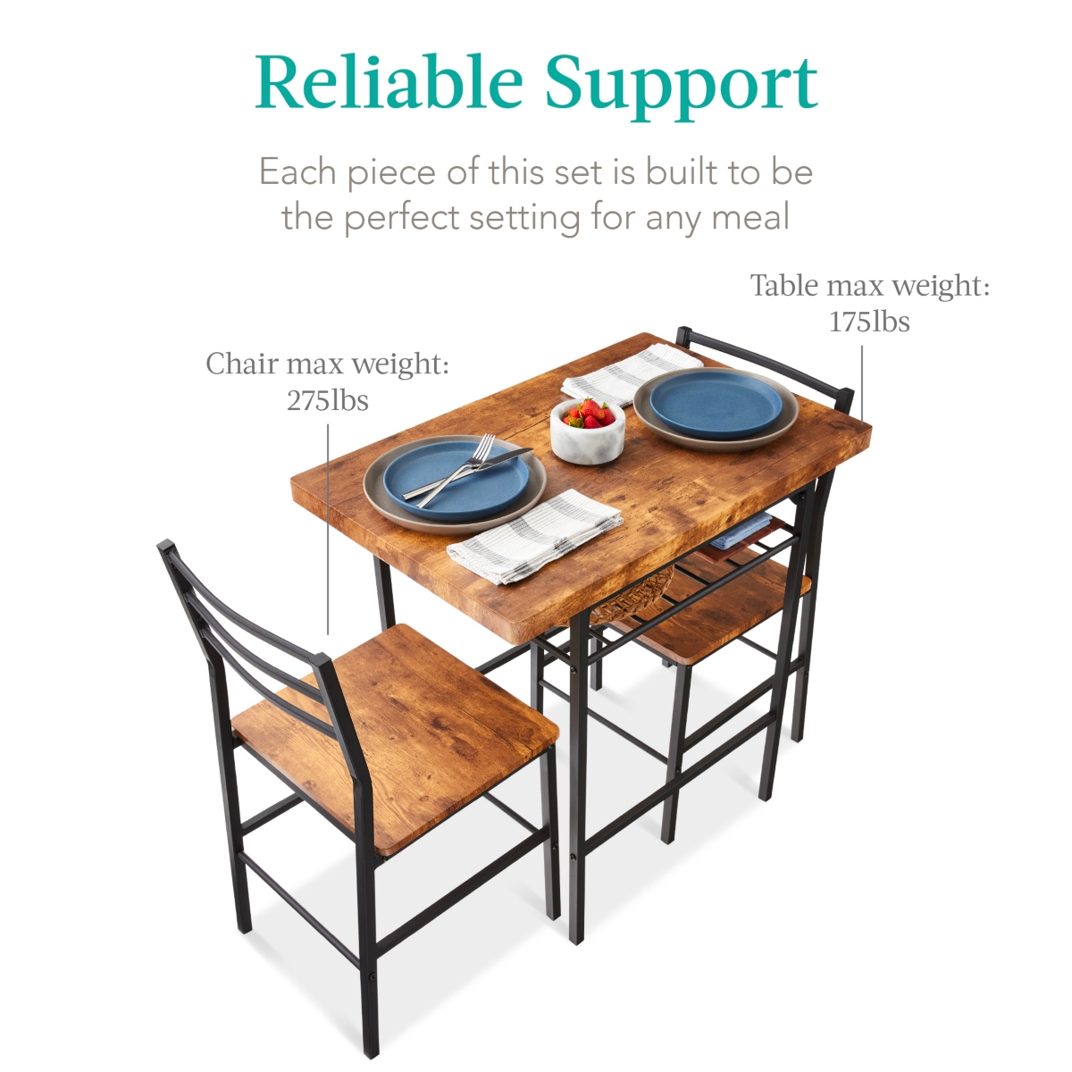Best Choice Products 3-Piece Modern Dining Set, Square Table & Chairs Set w/ Steel Frame, Built-In Storage Rack
