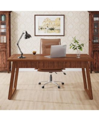 Home Office Executive Desk: 55 Inches Solid Wood Computer Desk with Drawer, Rustic PC Laptop Desk Workstation Furniture, Walnut Brown