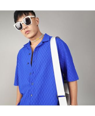 Men's Royal Blue Textured Geometric Oversized Shirt