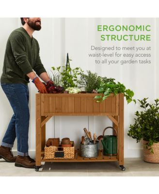 Elevated Mobile Pocket Herb Garden Bed Planter with Lockable Wheels and Storage Shelf