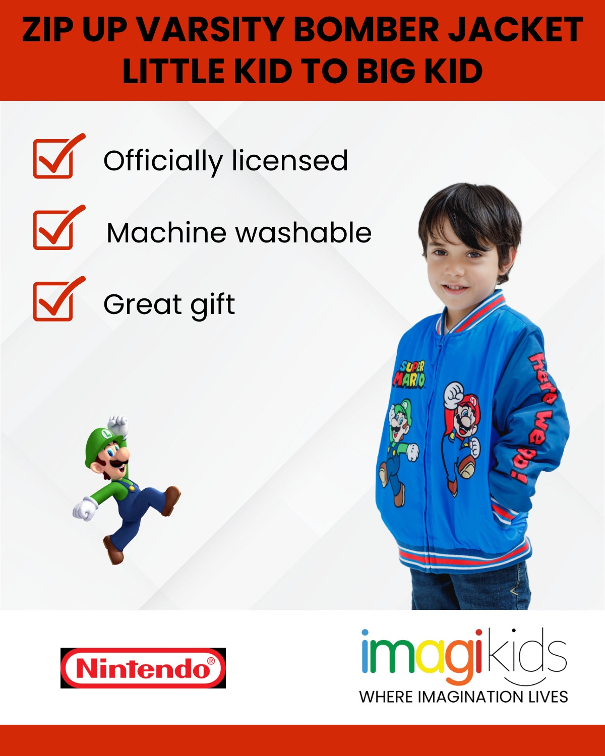 Super Mario Boys Nintendo Zip Up Varsity Bomber Jacket to (4 - 14-16) -/ navy