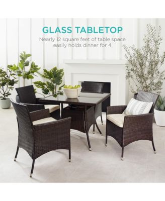 5-Piece Indoor Outdoor Wicker Patio Dining Table Furniture Set w/ Umbrella Cutout, 4 Chairs