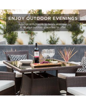 5-Piece Indoor Outdoor Wicker Patio Dining Table Furniture Set w/ Umbrella Cutout, 4 Chairs