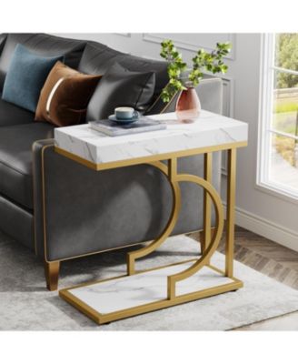 Set of 2 C Shaped End Table, Narrow Side Table, Sofa Table with Metal Frame for Living Room