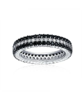 Pave Cubic Zirconia Two Tone 3 Row Stripe Cz Statement Black White Eternity Band Ring For Women .925 Sterling Silver