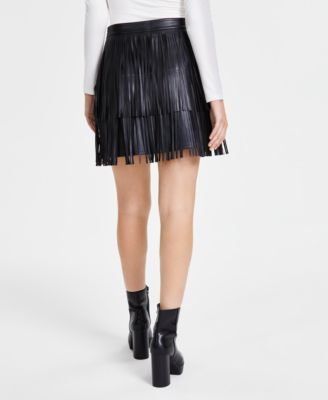 Bar III Women's Faux-Leather Fringe Mini Skirt, Created for Macy's