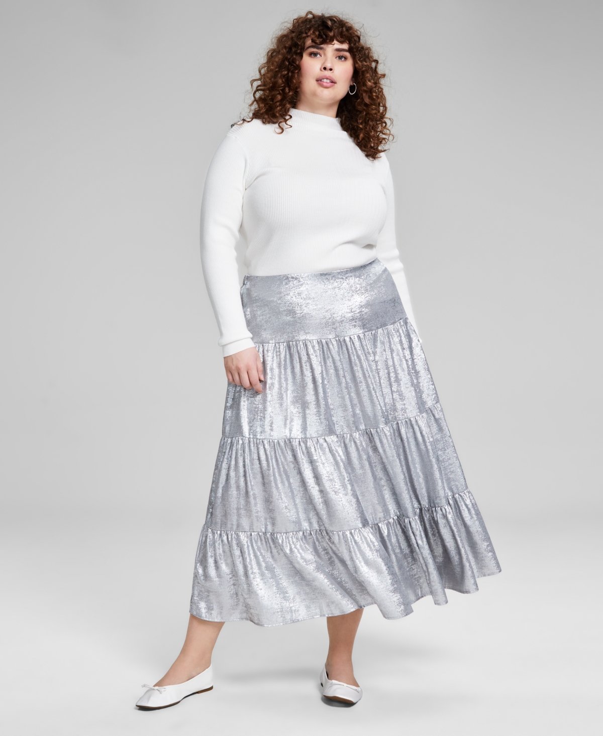 Trendy Plus Size Metallic Tiered Skirt, Created for Macy's - Silver Metallic