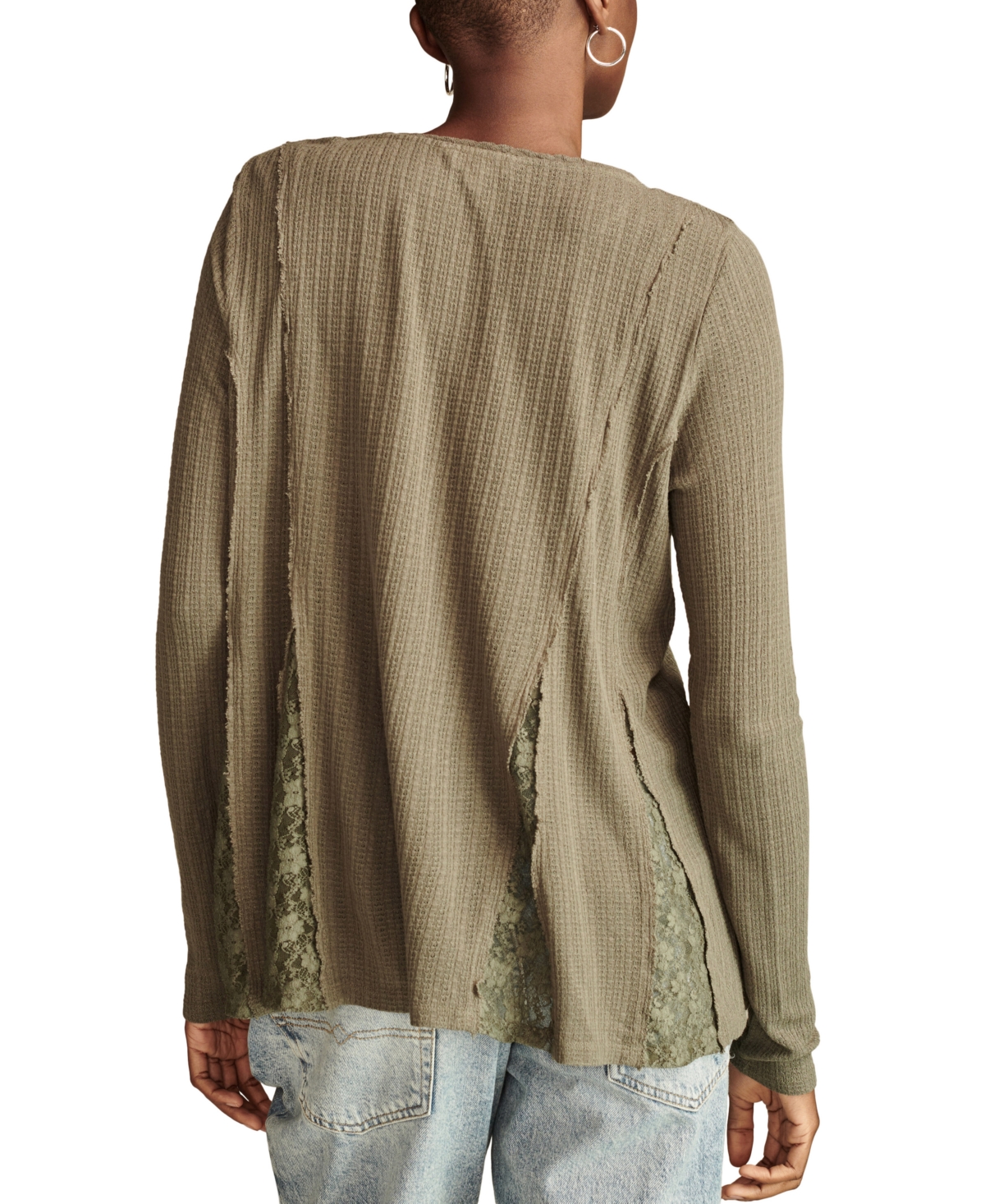 Shop Lucky Brand Women's Henley V-neck Lace-godet Swing Top In Olive