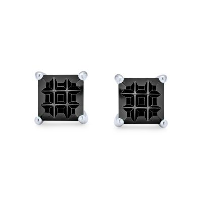 Black Invisible Cut Square Princess CZ Checkboard Cubic Zirconia Prong Basket Set Stud Earrings Sterling Silver