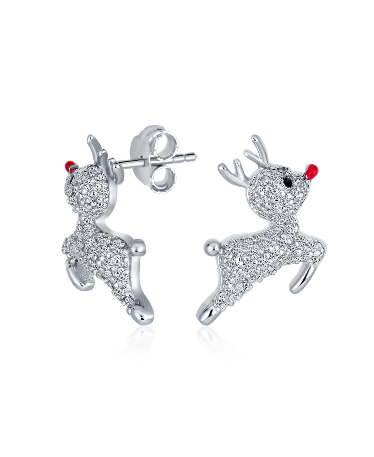 Bling Jewelry Delicate Cz Encrusted Pave Cubic Zirconia Holiday Xmas Christmas Rudolph Red Nose Reindeer Stud Earrings .925 Sterling Silver