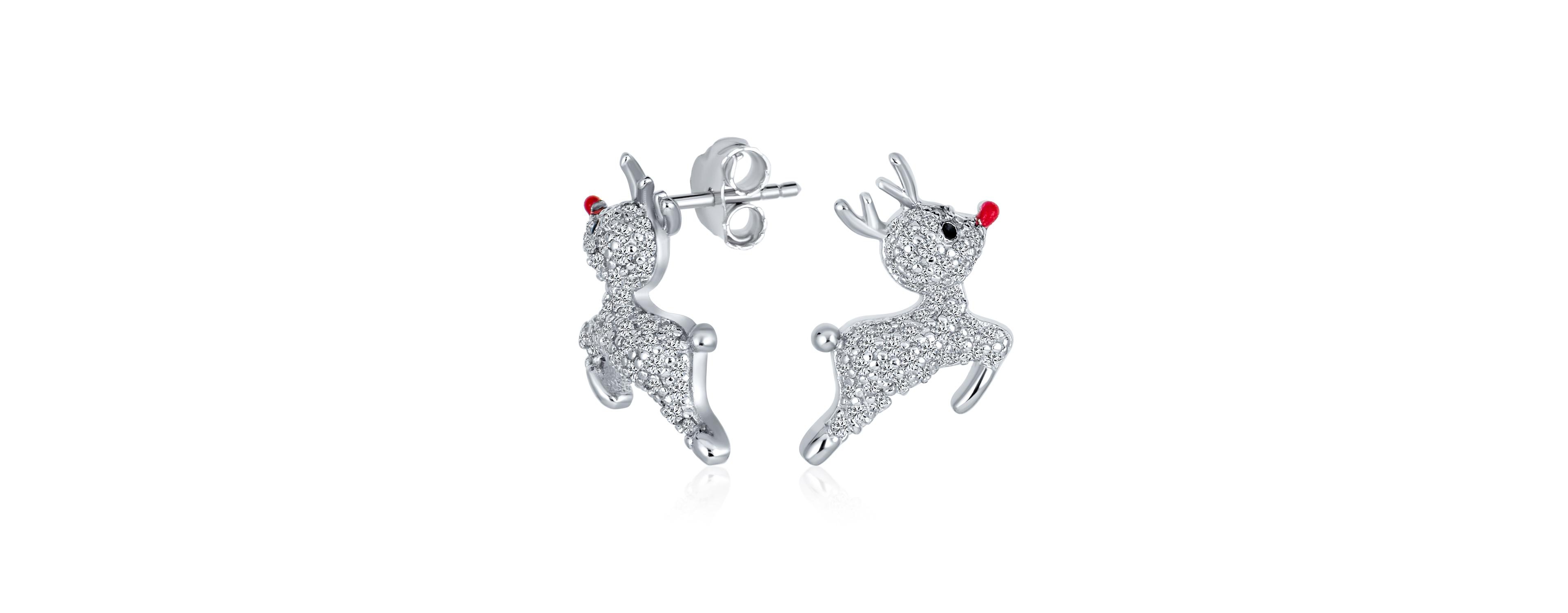Bling Jewelry Delicate Cz Encrusted Pave Cubic Zirconia Holiday Xmas Christmas Rudolph Red Nose Reindeer Stud Earrings .925 Sterling Silver