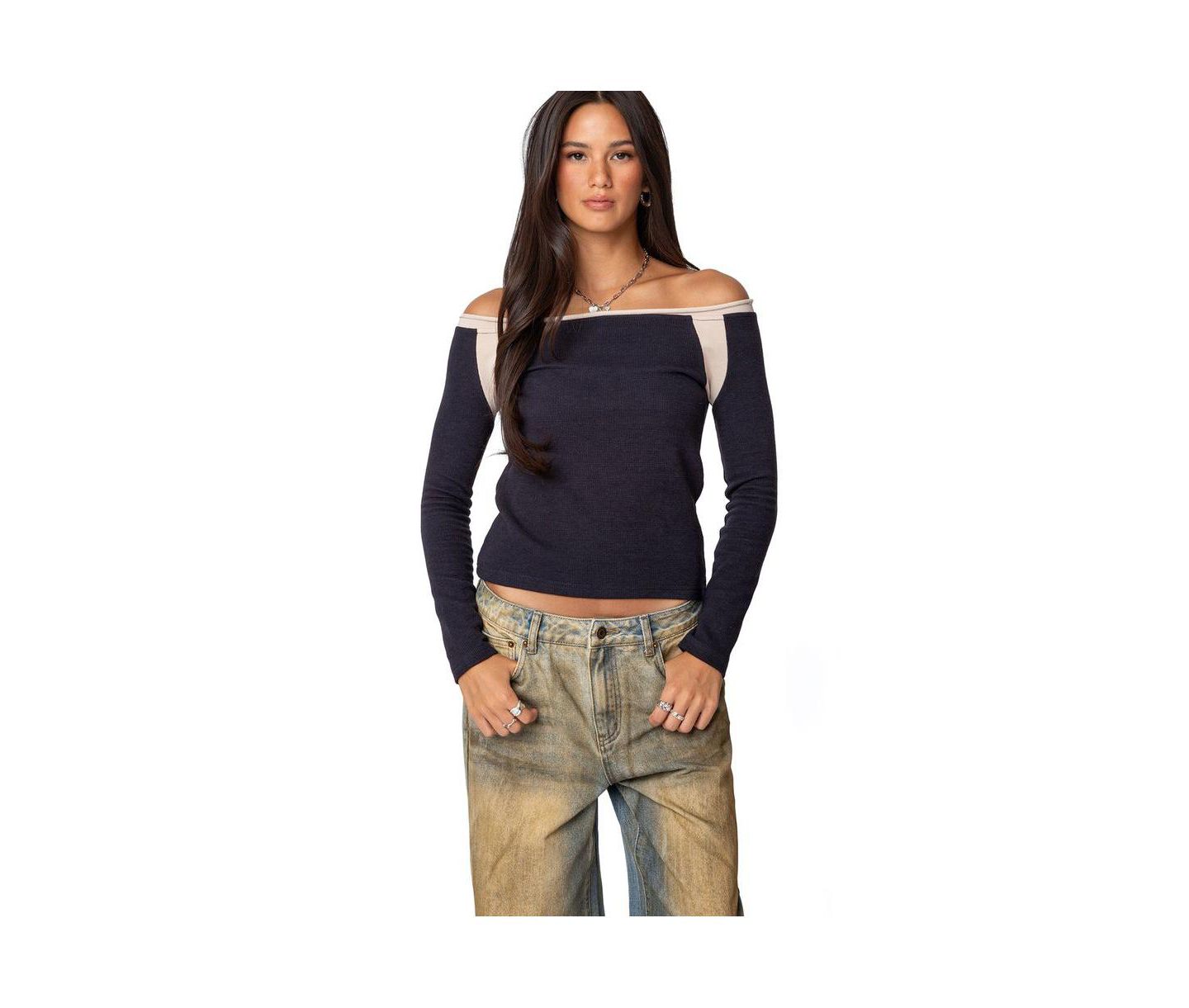 Женский топ Edikted Off Shoulder Thermal, цвет: Тёмно-синий — фото 1