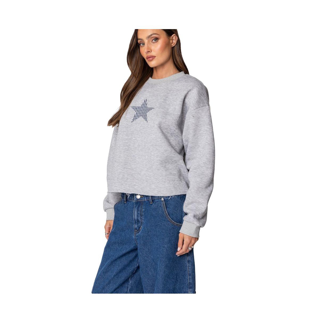 Edikted Women's Gingham Star Sweatshirt - Gray-melange