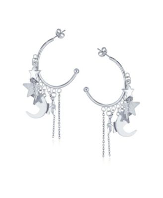 Trendy Moon Stars Dangling Charm Crescent Large Hoop Stud Earrings