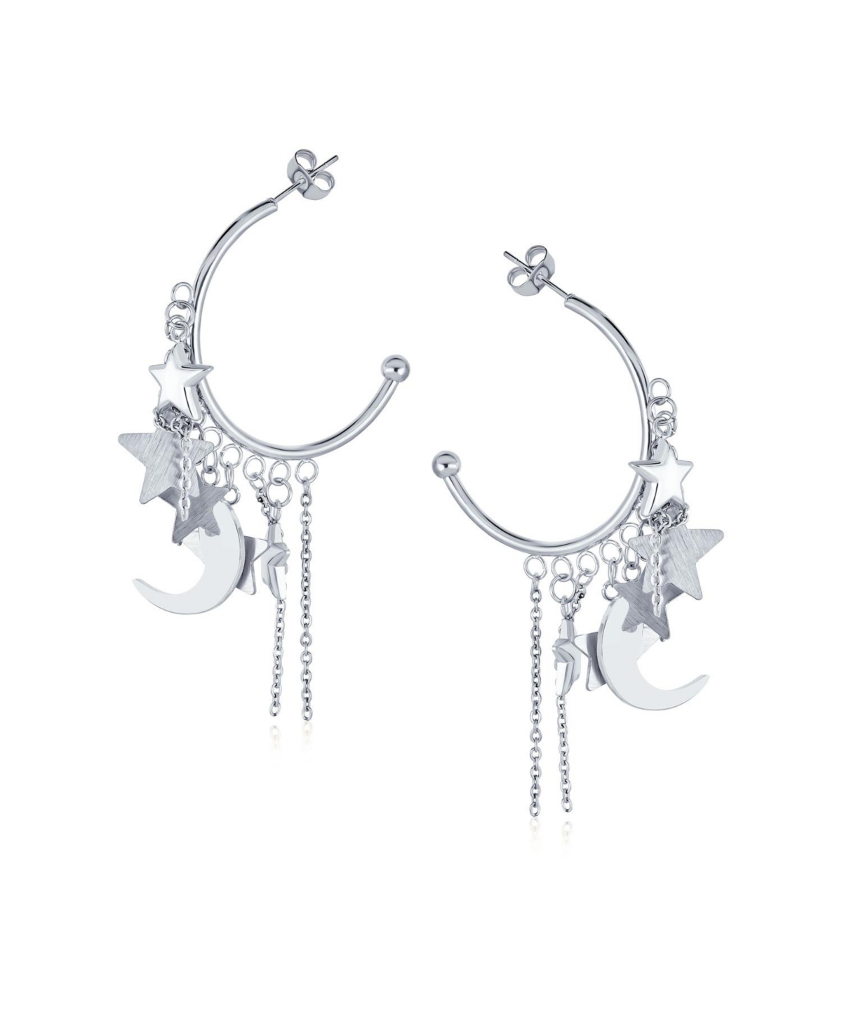 Bling Jewelry Trendy Moon Stars Dangling Charm Crescent Large Hoop Stud Earrings