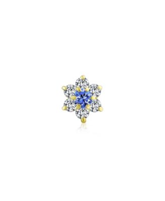 Tiny Blue Cubic Zirconia Flower Helix Cartilage Ear Lobe Piercing Daith CZ 1 Piece Stud Earring For Women 14K Gold Screw back 4MM