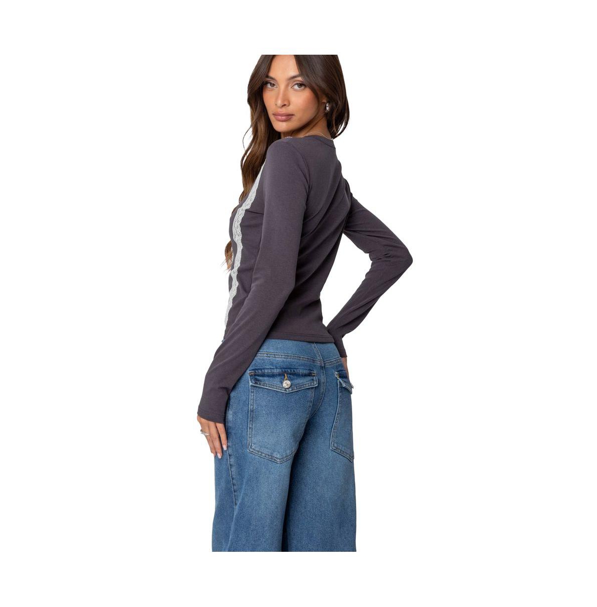 Edikted Women's Frenchy Long Sleeve T Shirt - Dark-gray