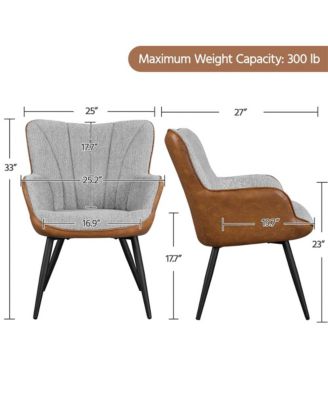 Modern Pleated Curved Back Boucle Fabric and Faux Leather Accent Chair Upholstered Armchair, Grey/ Retro Brown