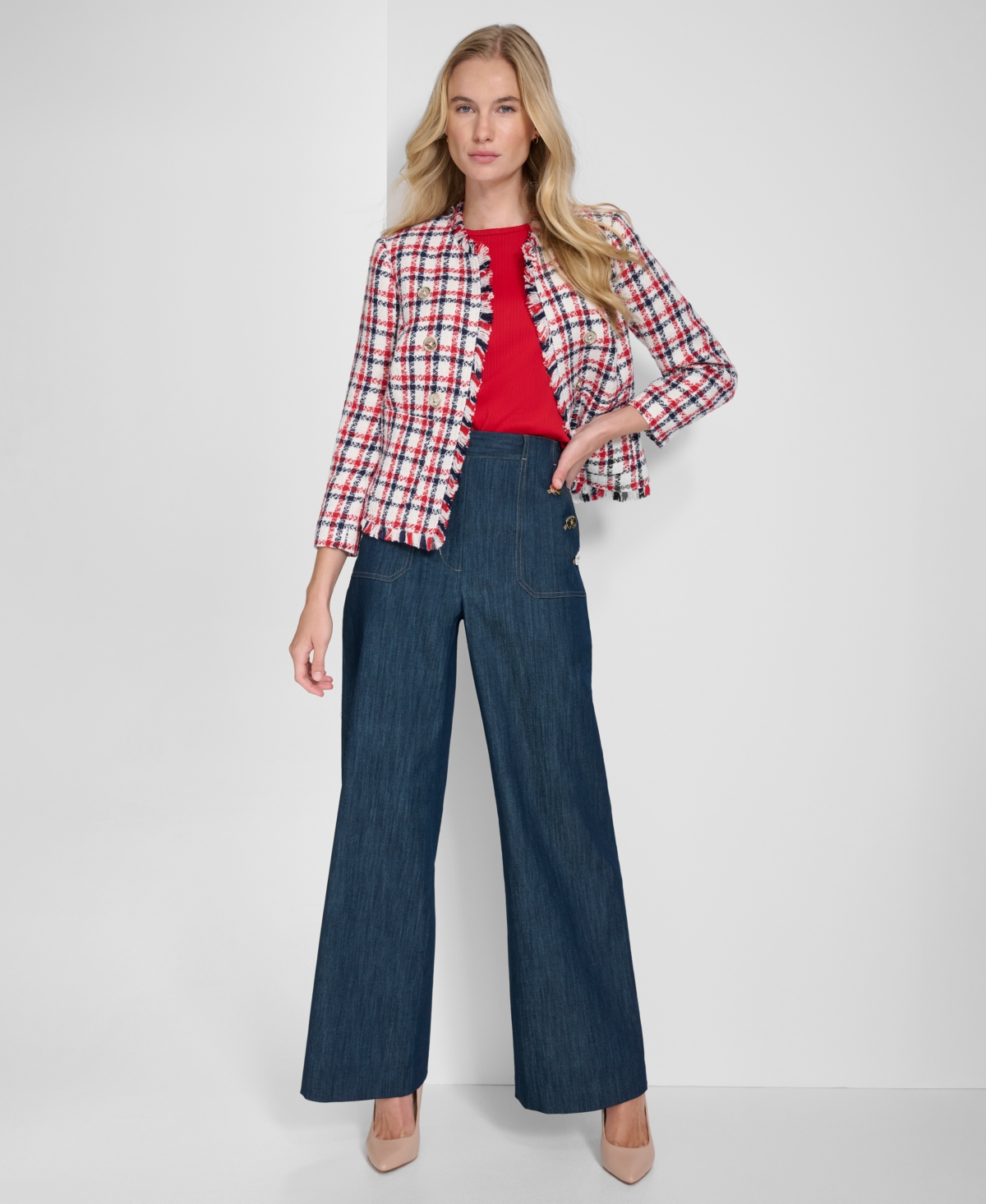 Tommy Hilfiger Women's Open-front Fringe-trim Jacket In Scarlet Multi