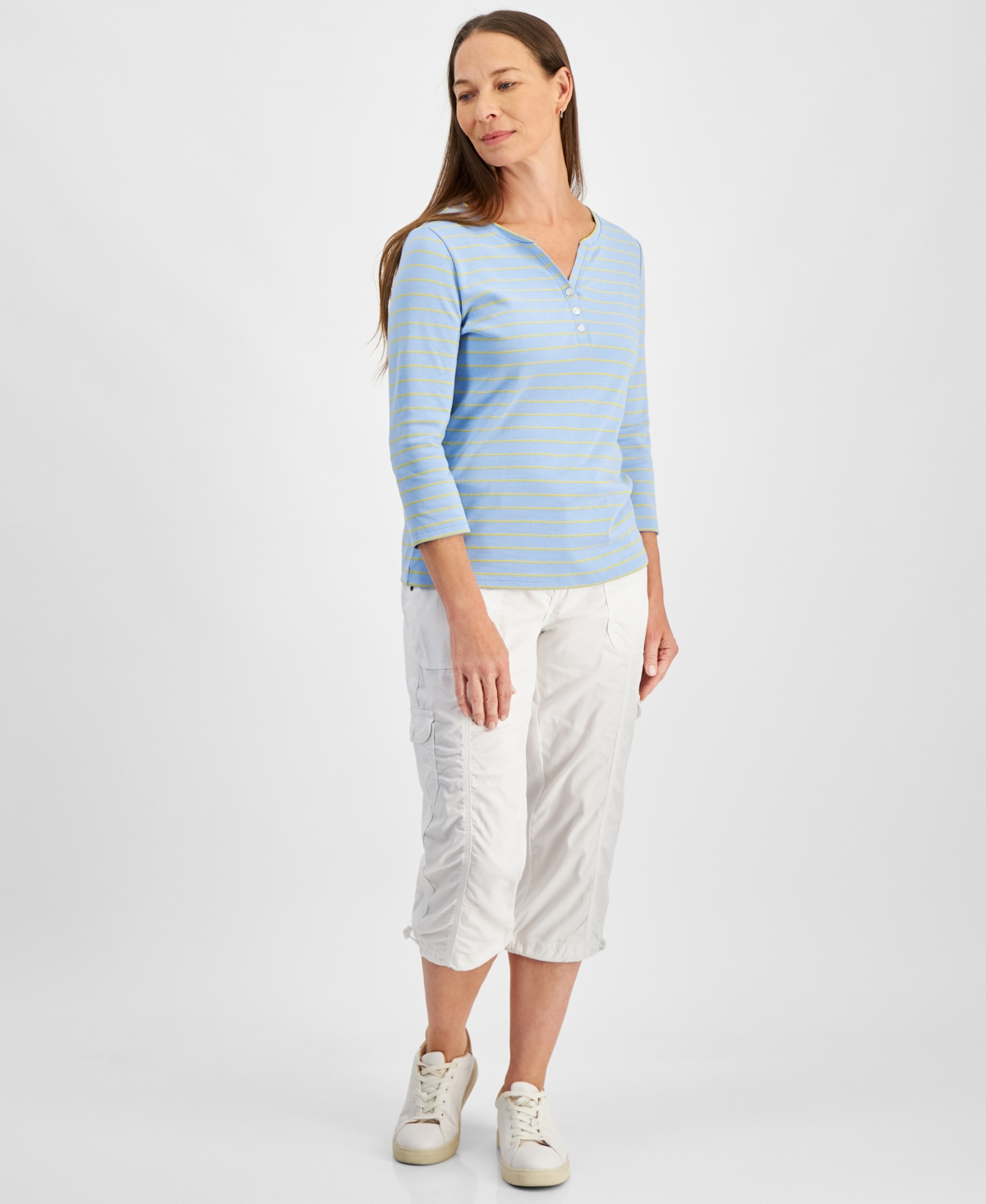 Style & Co Petite Striped Henley 3/4-Sleeve Top, Created for Macy's