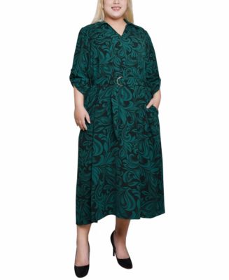 Surf The Web Alcalaric 3/4 Roll Tab Sleeve Belted Shirtdress - Plus