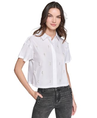 KARL LAGERFELD PARIS - Women's Cotton Faux-Pearl-Embellished Blouse
