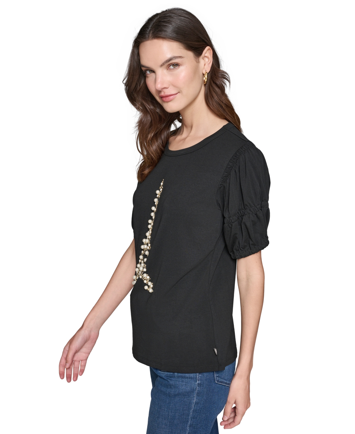 Karl Lagerefeld Paris Women's Puff Sleeve Embellished Eiffel Tower T-Shirt - Gold