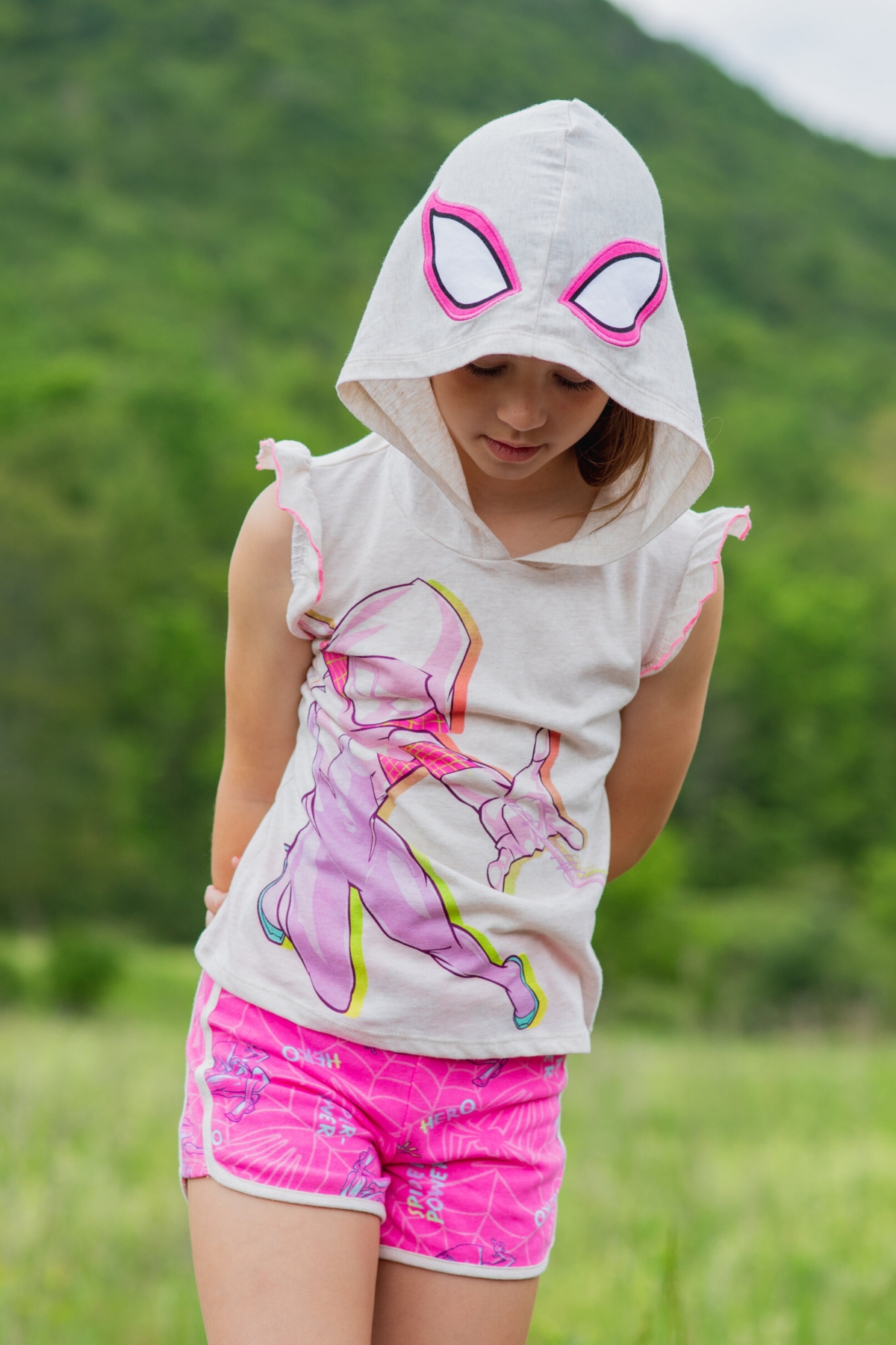 Spiderman Toddler Girls Marvel Spider-Man Spider-Gwen Ghost Spider Cosplay Hooded Tank Top & French Terry Shorts Outfit Set to - Ghost-spider