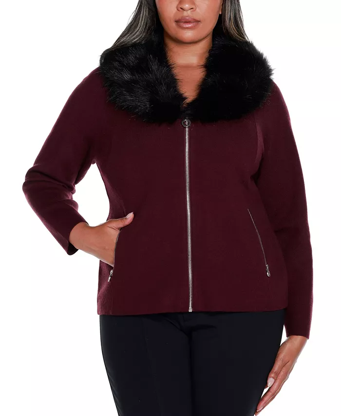 Black Label Plus Size Polyester Collar Short Zip Cardigan Sweater