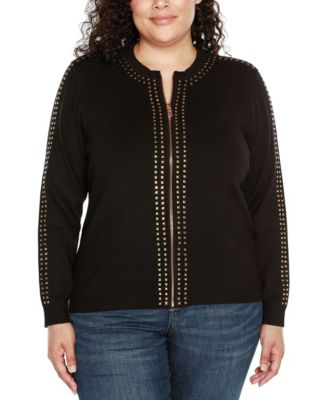 Black Label Plus Size Crewneck Embellished Zip Cardigan Sweater