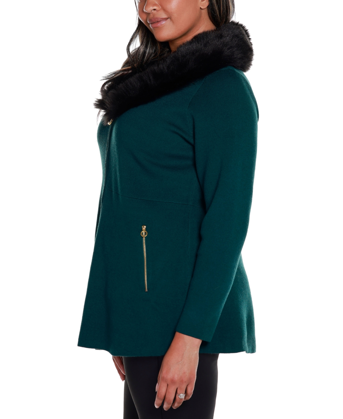 Belldini Black Label Plus Size Faux Fur Collar Cardigan -Black