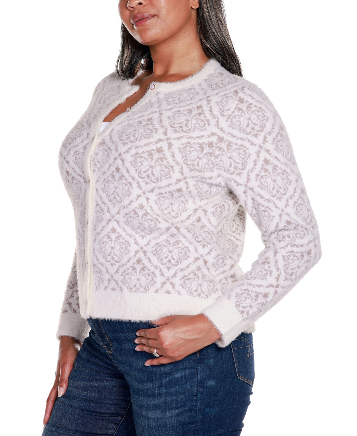 Belldini Black Label Plus Size Eyelash Jacquard Cardigan Sweater -Mochaccino
