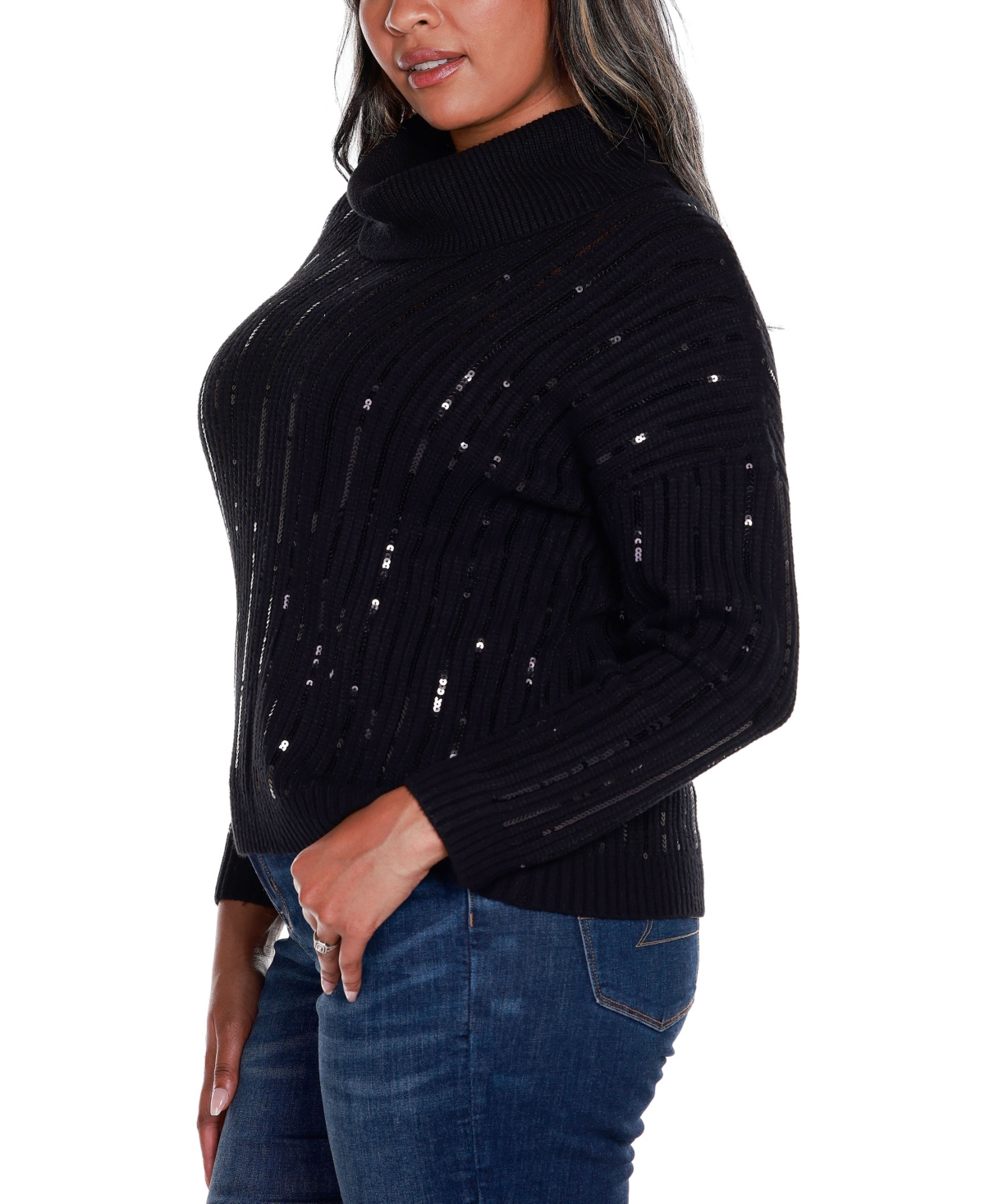 BelldiniLabel Plus Size Sequin Trim Cowl Neck Sweater - Black
