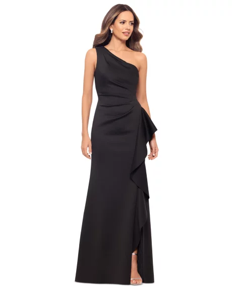 Petite Gathered-Waist One-Shoulder Evening Gown - Black