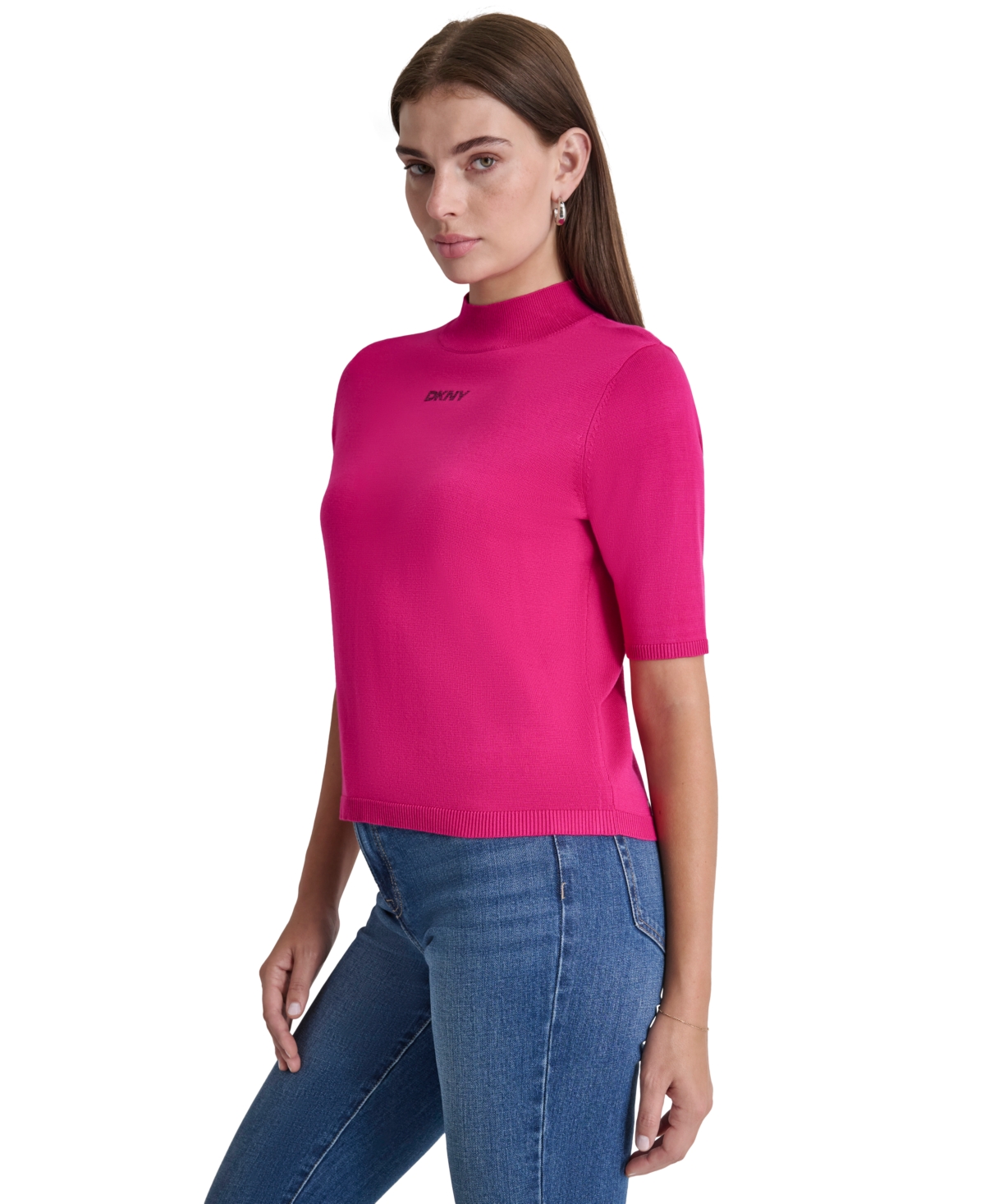 Dkny Jeans Petite Mock-Neck Embellished-Logo Sweater -Black