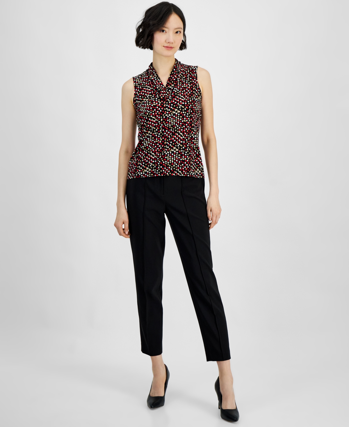 Anne Klein Women's Pleated-Neck Printed Sleeveless Top -Red Multi