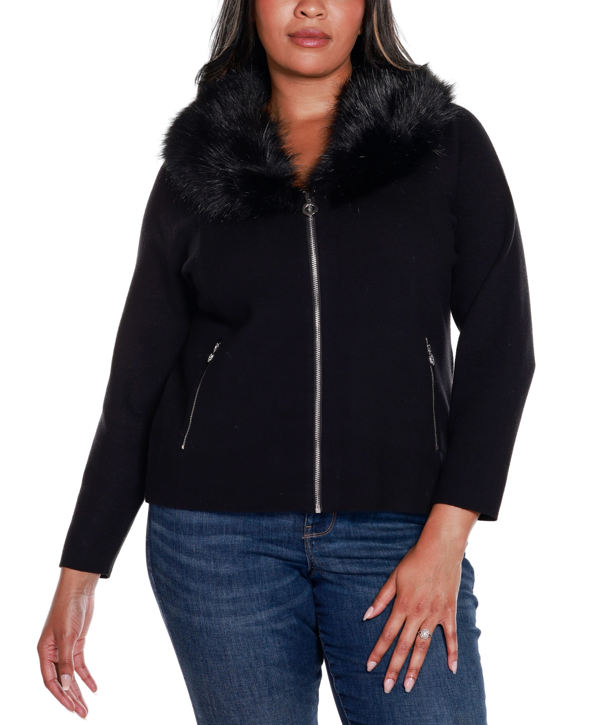 Belldini Black Label Plus Size Polyester Collar Short Zip Cardigan Sweater In Black