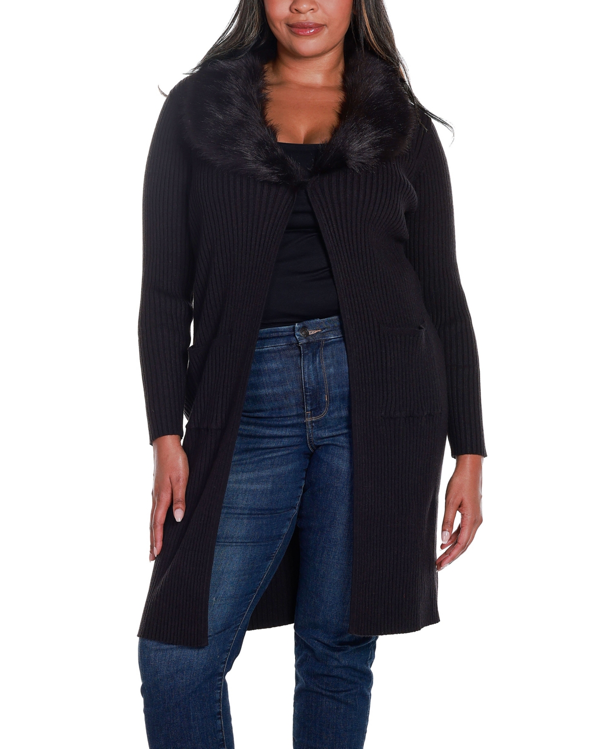 Belldini Black Label Plus Size Ribbed Collar Duster Cardigan Sweater In Black