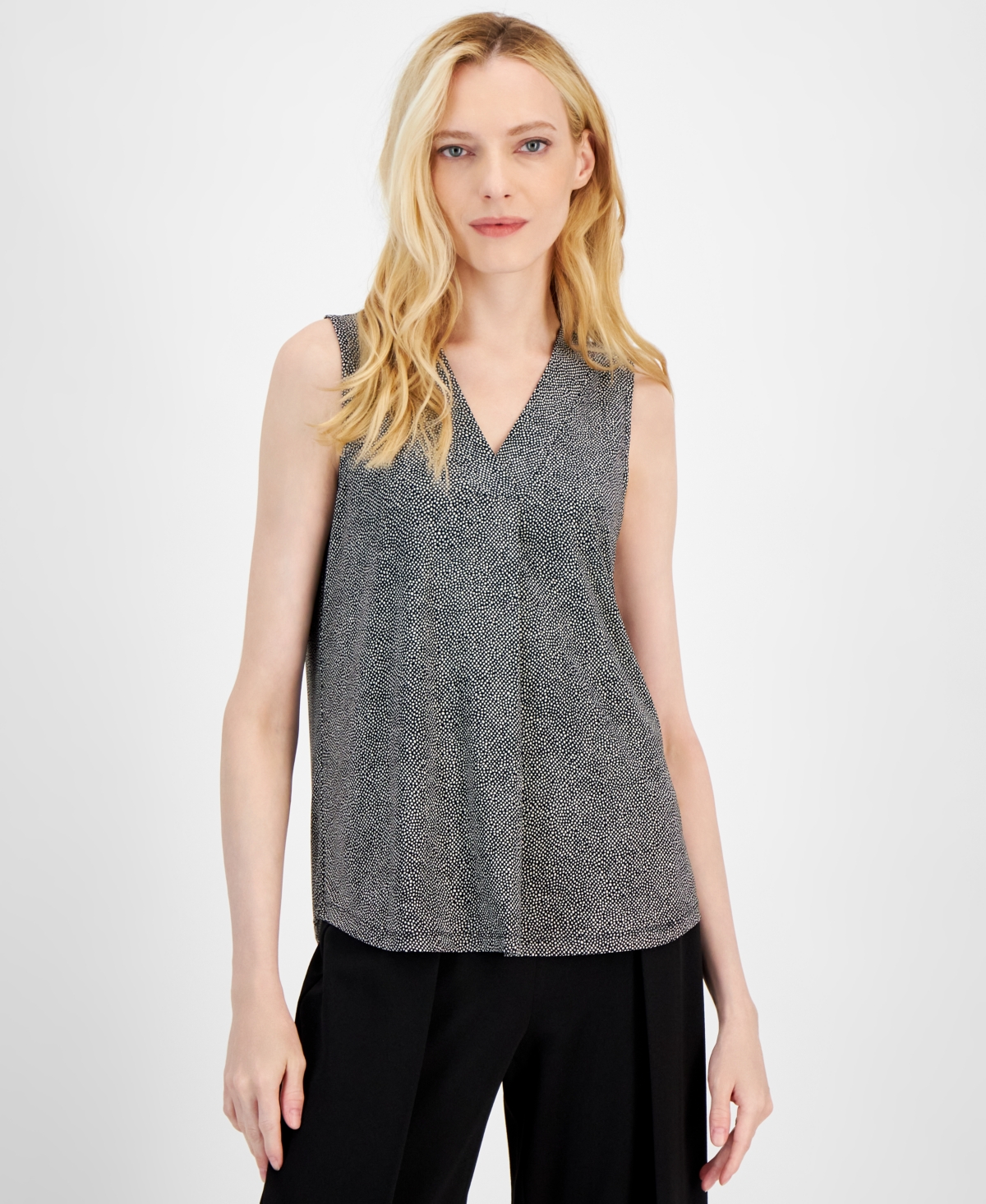 Anne Klein Women's Printed Sleeveless V-Neck Shell Top -Pink Blush