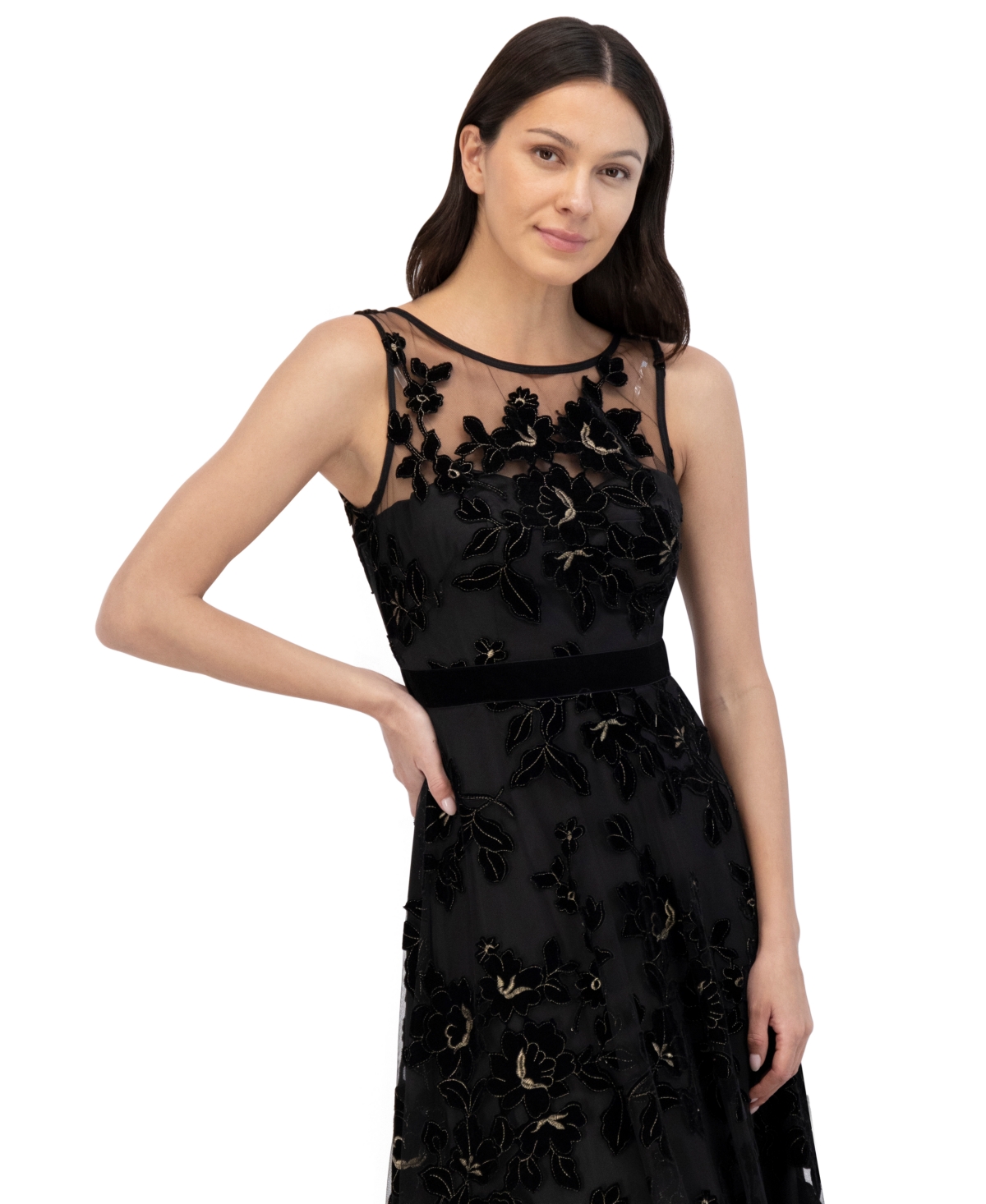 Eliza J Women's Flocked Floral Velvet Sleeveless Mesh Gown