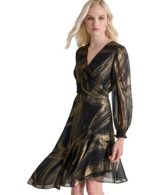 knee length dresses for ladies Donna Karan Women's Foil Mesh Belted Midi Dress - Gold
