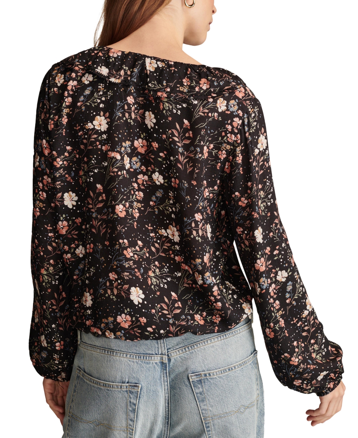 Lucky Brand Women's Floral Ruffled Tie-Neck Long-Sleeve Top