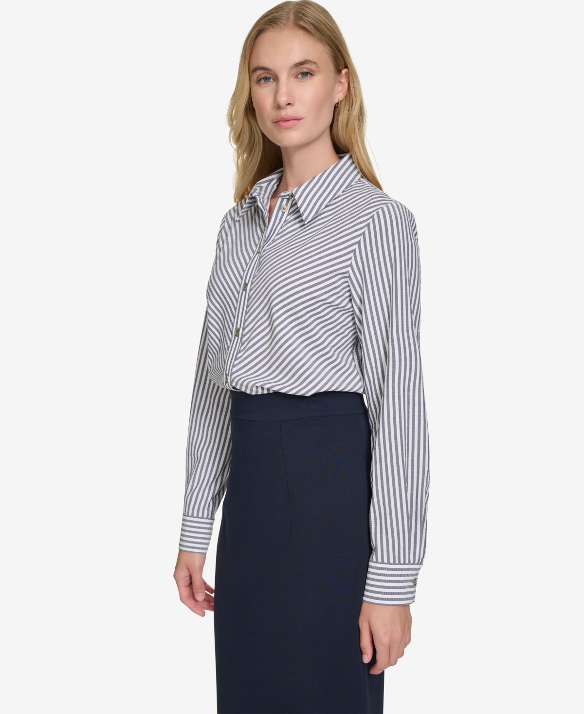 Tommy Hilfiger Women's Strip-print Button-front Shirt In Mdnght,ivr