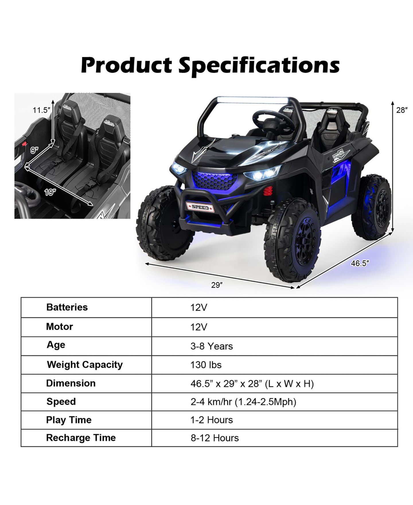 Детская игрушка Costway 12V 2-Seater Ride On UTV with Remote Control and LED Lights, 3–8 лет, цвет: Чёрный — фото 8