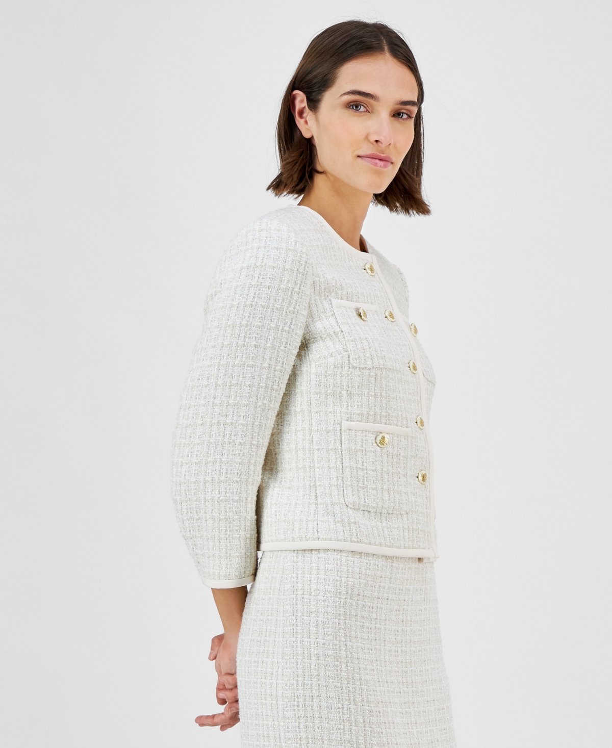 ANNE KLEIN WOMEN'S COLLARLESS BUTTON-FRONT TWEED JACKET 