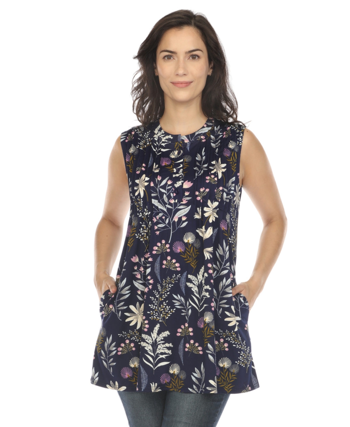 White Mark Women's Floral Sleeveless Tunic Top In Navy