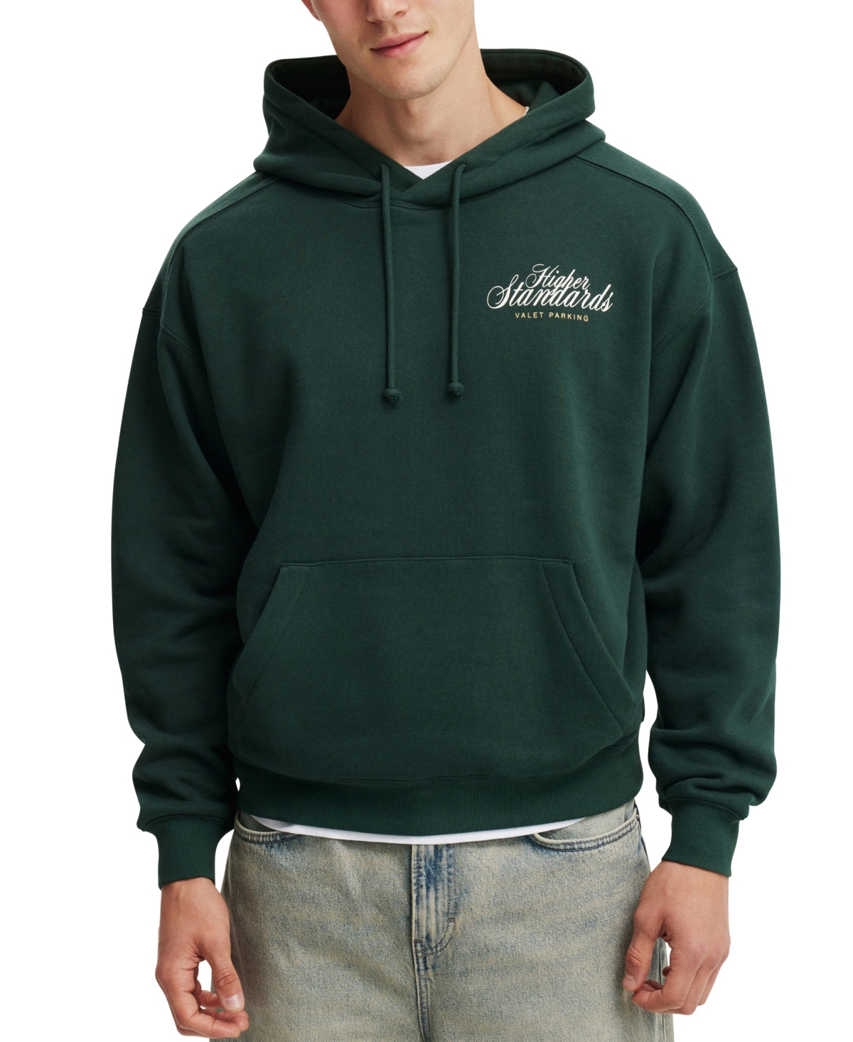Cotton On Men's Box Fit Graphic Hoodie In Pine Needle Green,higher Standards