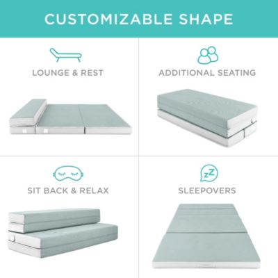 4in Thick Folding Portable Seafoam Mattress Topper w/ Carry Case, Washable Cover