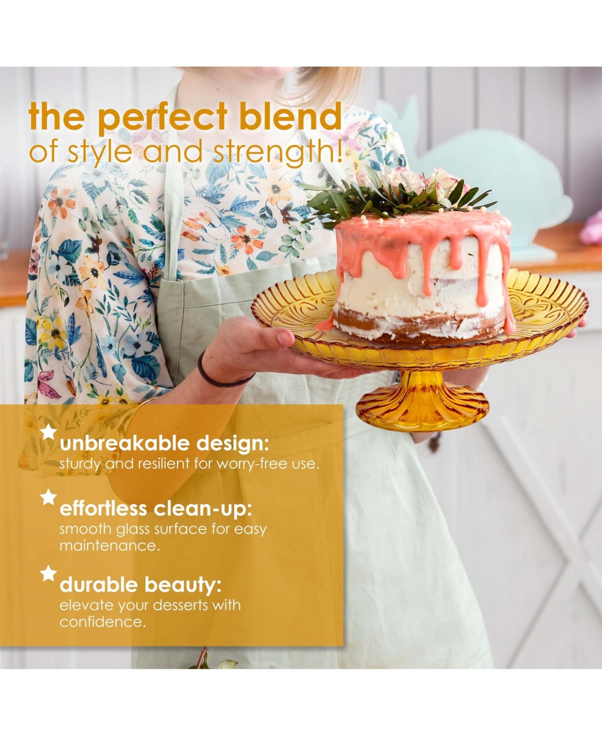 Amici Home Flower Footed Glass Cake Stand -- Amber